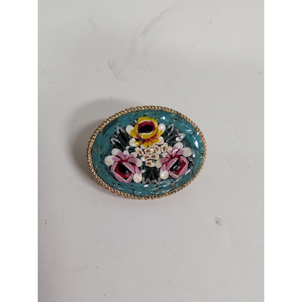 Mosaic, Teal With Lovely Flowers Twisted Brass Frame. Signed Italy. 1 3/4 Inch